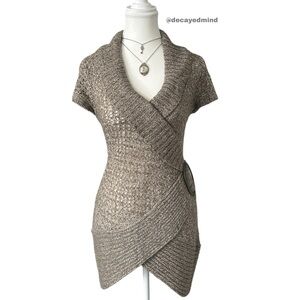 Y2K “Pure” Beige & White Mix Knitted Sheer Short Sleeve V-Neckline Fitted Dress